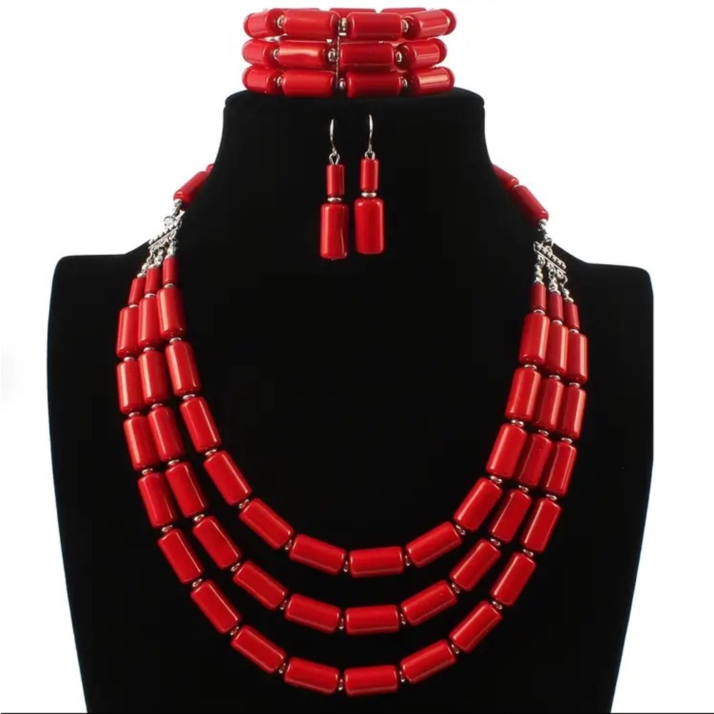 Red 3 Piece Multi Layered Necklace Set - Picture 1 of 7